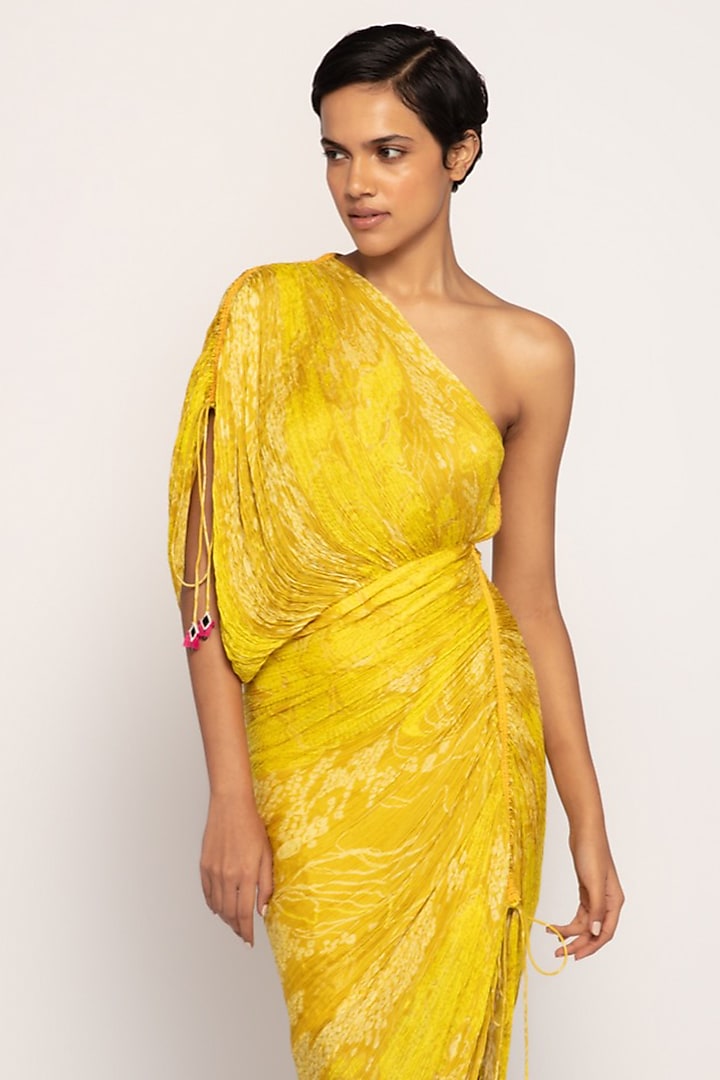 Yellow Cotton Silk Bandhani Printed Midi Vacation Dress by Saaksha & Kinni at Pernia's Pop Up Shop