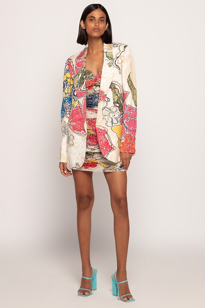 Multi-Colored Chiffon & Satin Printed Jacket Dress by Saaksha & Kinni at Pernia's Pop Up Shop