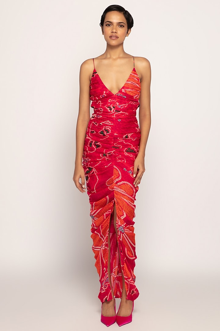 Pink & Orange Cotton Silk Bandhani Printed Maxi Dress by Saaksha & Kinni