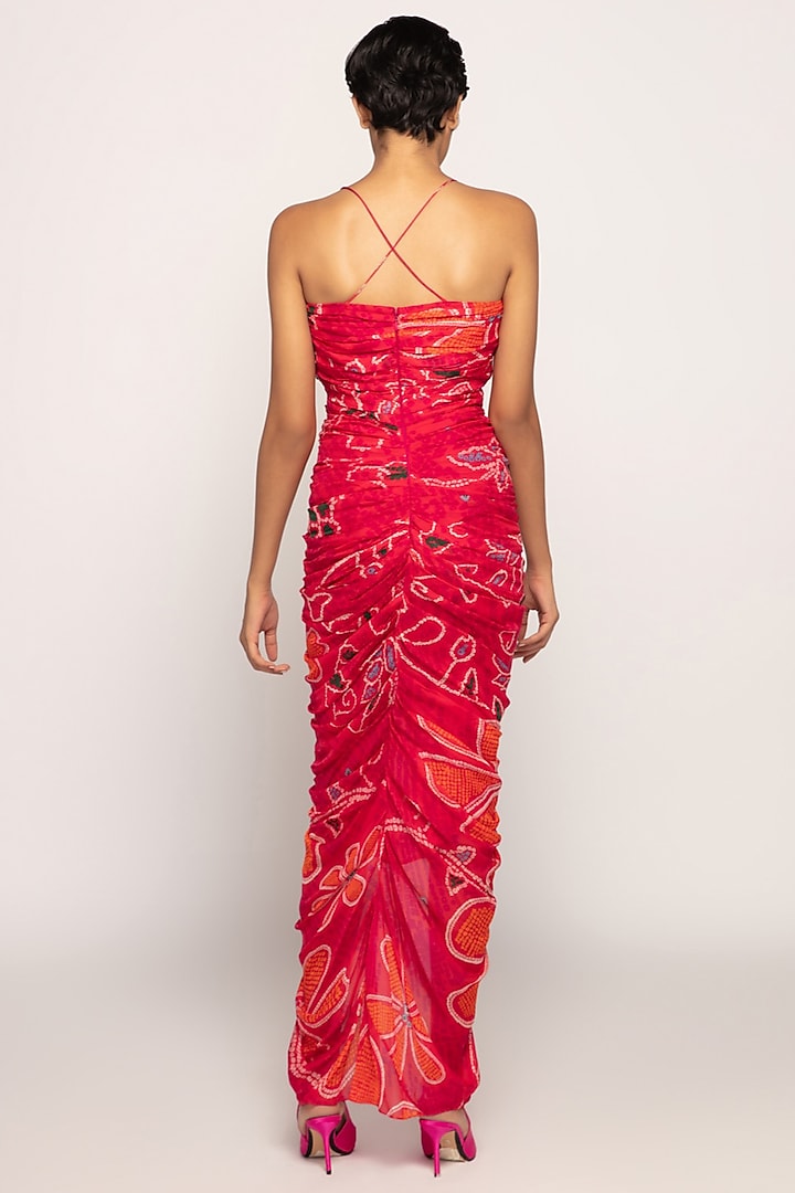 Pink & Orange Cotton Silk Bandhani Printed Maxi Cocktail Dress by Saaksha & Kinni at Pernia's Pop Up Shop