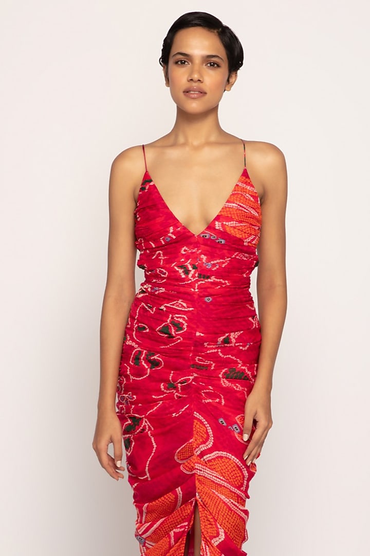 Pink & Orange Cotton Silk Bandhani Printed Maxi Cocktail Dress by Saaksha & Kinni at Pernia's Pop Up Shop