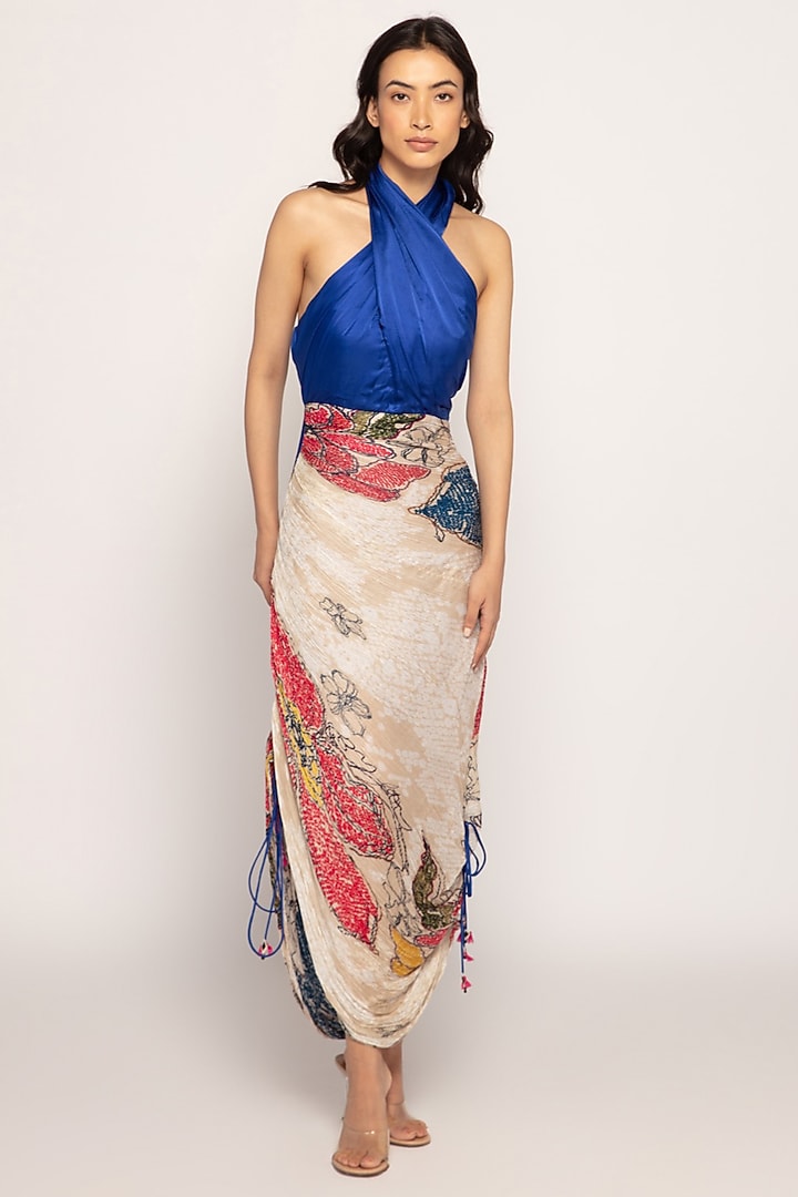 Blue & Ivory Silk Bandhani Printed Maxi Vacation Dress by Saaksha & Kinni at Pernia's Pop Up Shop