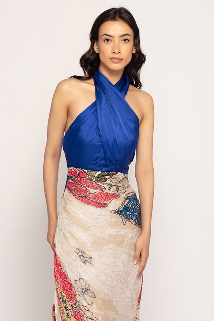 Blue & Ivory Silk Bandhani Printed Maxi Vacation Dress by Saaksha & Kinni at Pernia's Pop Up Shop