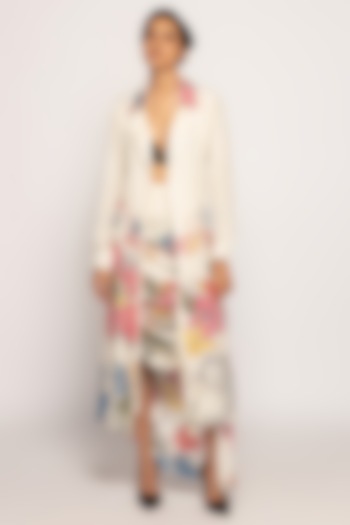 Ivory Satin Bandhani Printed Jacket Set by Saaksha & Kinni at Pernia's Pop Up Shop