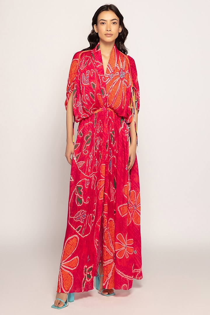Pink & Orange Cotton Silk Bandhani Printed Kaftan by Saaksha & Kinni at Pernia's Pop Up Shop