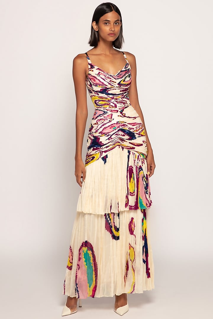 Ivory Chiffon Paisley Printed Maxi Cocktail Dress by Saaksha & Kinni at Pernia's Pop Up Shop