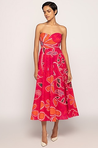 Pink & Orange Cambric Bandhani Printed Midi Dress by Saaksha & Kinni