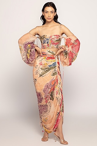 Peach Cotton Silk Printed Skirt Set by Saaksha & Kinni