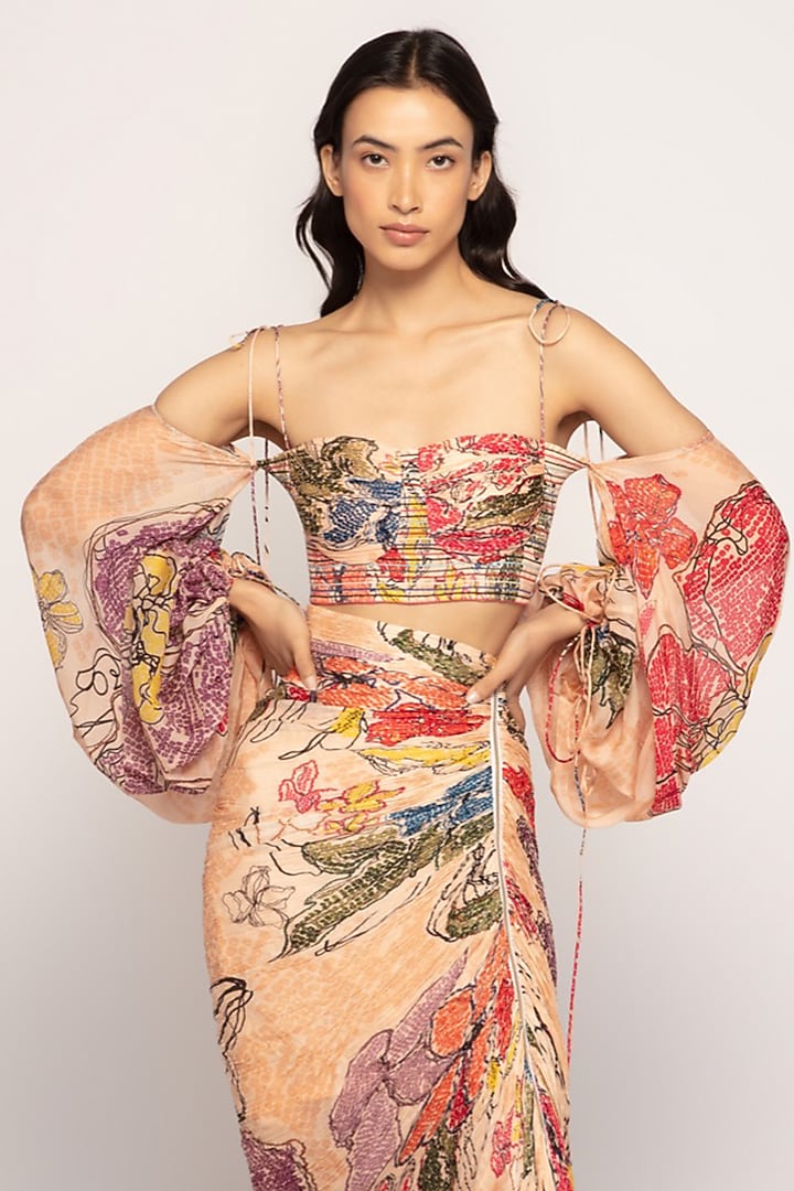 Peach Cotton Silk Printed Skirt Set by Saaksha & Kinni at Pernia's Pop Up Shop