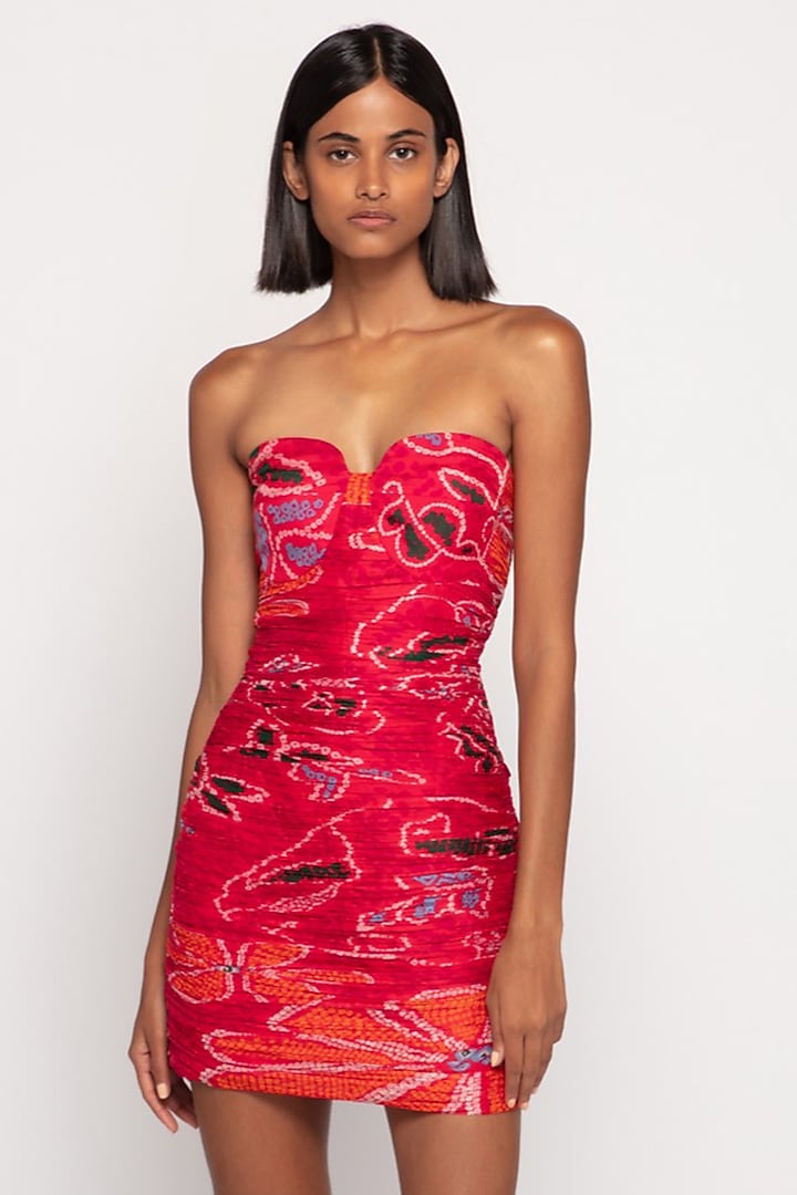 Pink & Orange Chiffon Bandhani Printed Mini Vacation Dress by Saaksha & Kinni at Pernia's Pop Up Shop