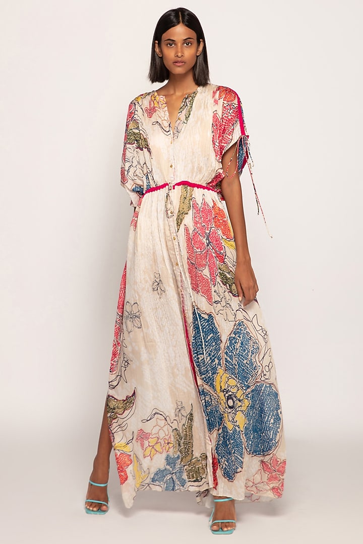 Ivory Cotton Silk Bandhani Printed Kaftan by Saaksha & Kinni at Pernia's Pop Up Shop