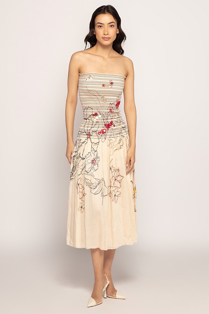 Cream Cotton Silk Printed Midi Dress by Saaksha & Kinni at Pernia's Pop Up Shop