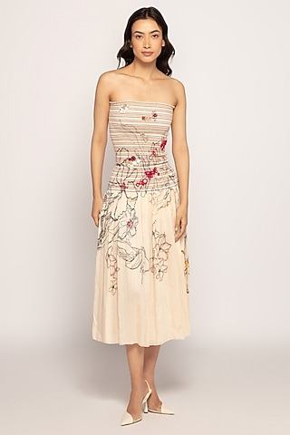 Cream Cotton Silk Printed Midi Dress by Saaksha & Kinni
