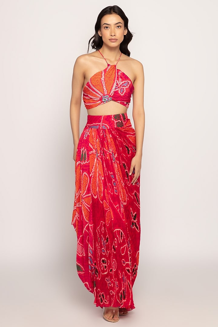 Pink & Orange Cotton Silk Bandhani Printed Skirt Set by Saaksha & Kinni