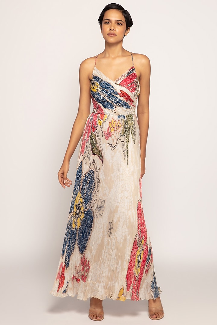 Ivory Chiffon Bandhani Printed Maxi Dress by Saaksha & Kinni