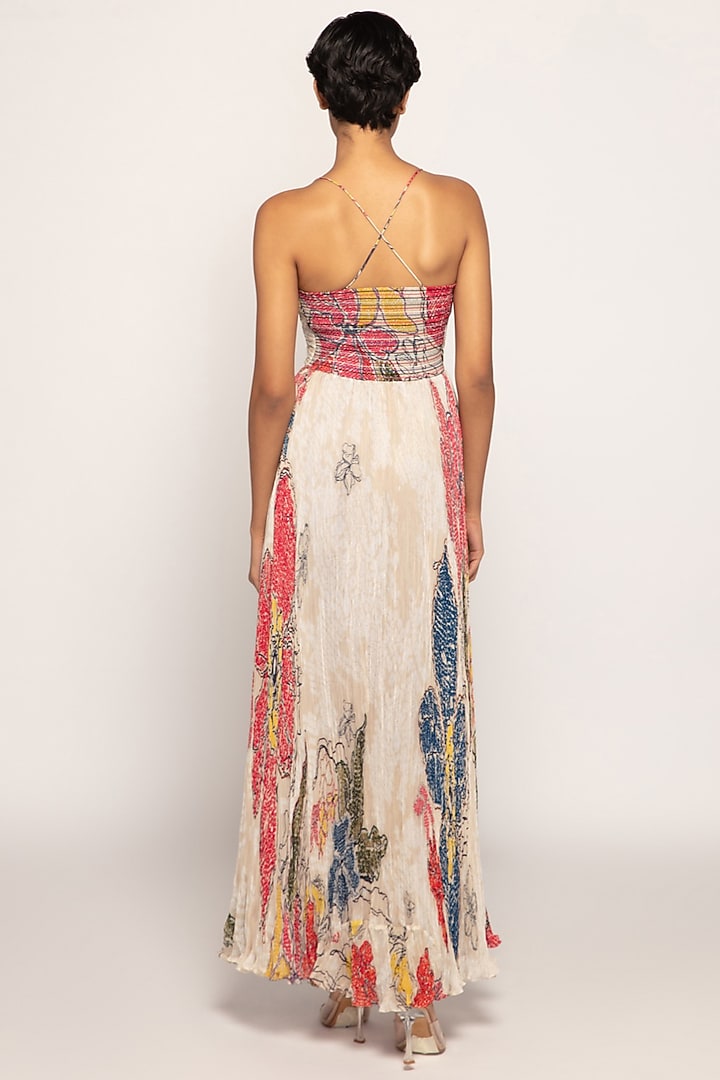 Ivory Chiffon Bandhani Printed Maxi Cocktail Dress by Saaksha & Kinni at Pernia's Pop Up Shop