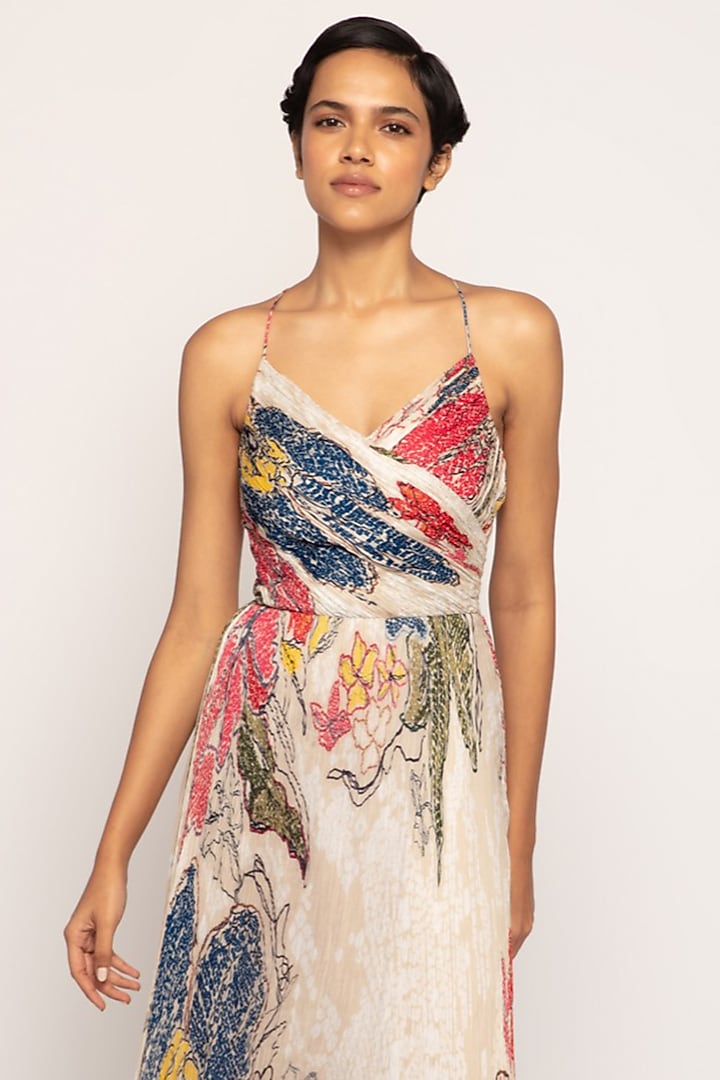Ivory Chiffon Bandhani Printed Maxi Cocktail Dress by Saaksha & Kinni at Pernia's Pop Up Shop