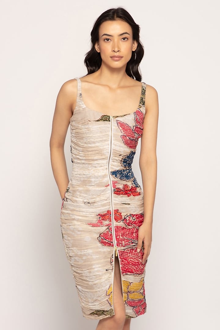 Ivory Chiffon Bandhani Printed Midi Dress by Saaksha & Kinni