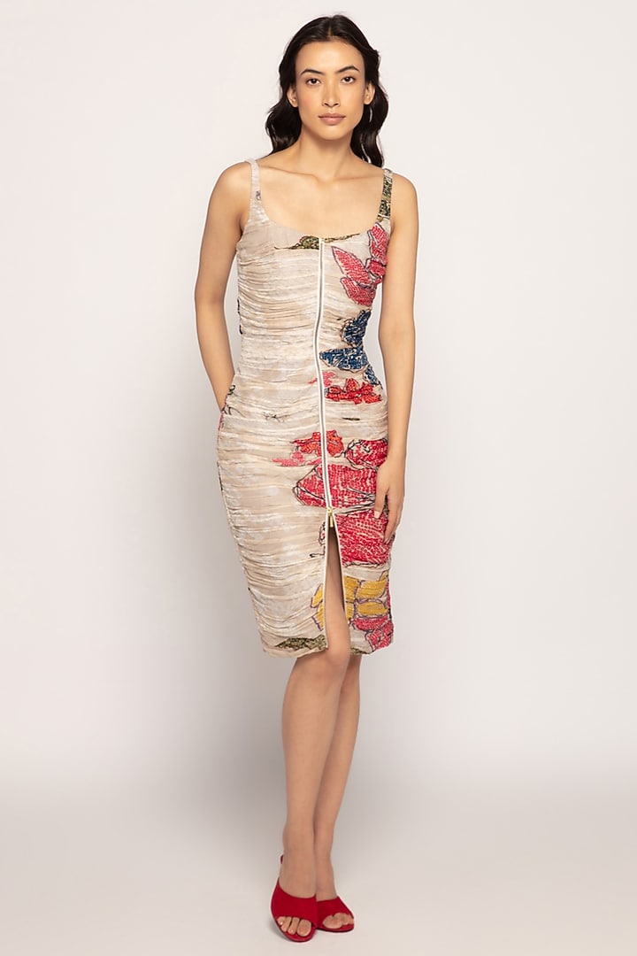 Ivory Chiffon Bandhani Printed Midi Vacation Dress by Saaksha & Kinni at Pernia's Pop Up Shop