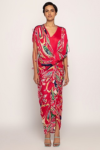 Hot Pink Cotton Silk Paisley Printed Maxi Dress by Saaksha & Kinni