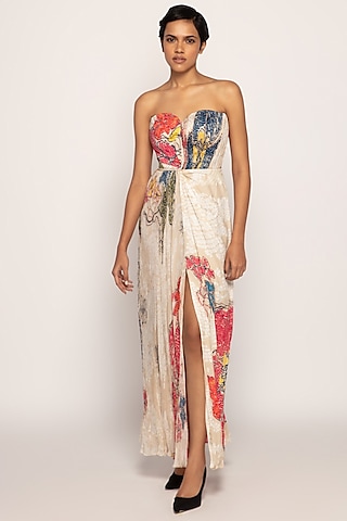 Ivory Chiffon & Satin Bandhani Printed Maxi Dress by Saaksha & Kinni