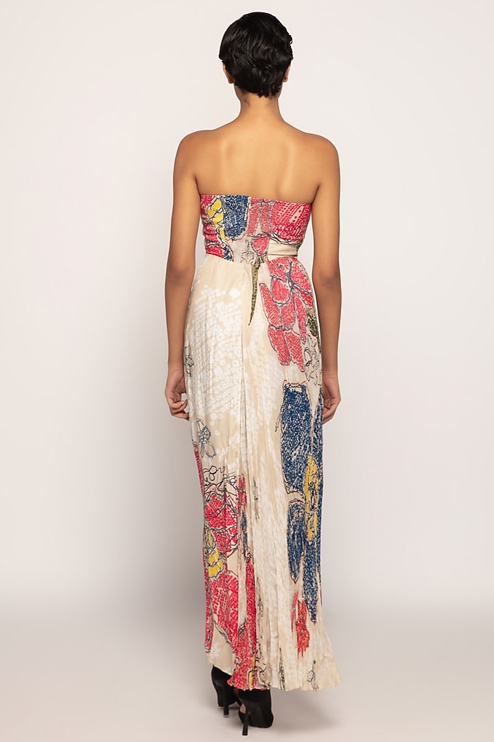 Ivory Chiffon & Satin Bandhani Printed Maxi Vacation Dress by Saaksha & Kinni at Pernia's Pop Up Shop