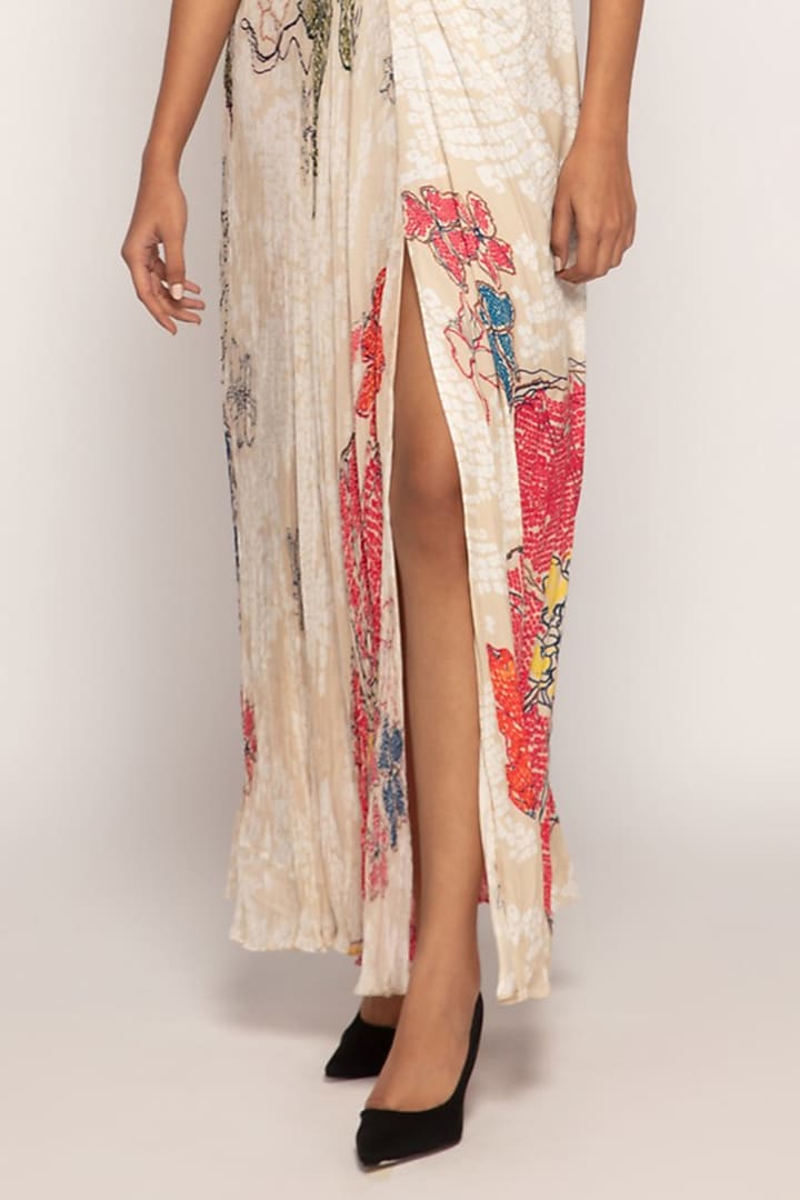 Ivory Chiffon & Satin Bandhani Printed Maxi Vacation Dress by Saaksha & Kinni at Pernia's Pop Up Shop
