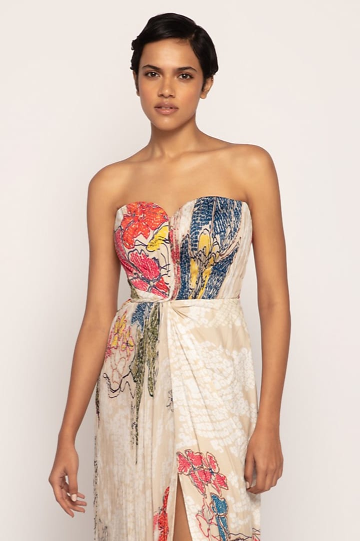 Ivory Chiffon & Satin Bandhani Printed Maxi Vacation Dress by Saaksha & Kinni at Pernia's Pop Up Shop