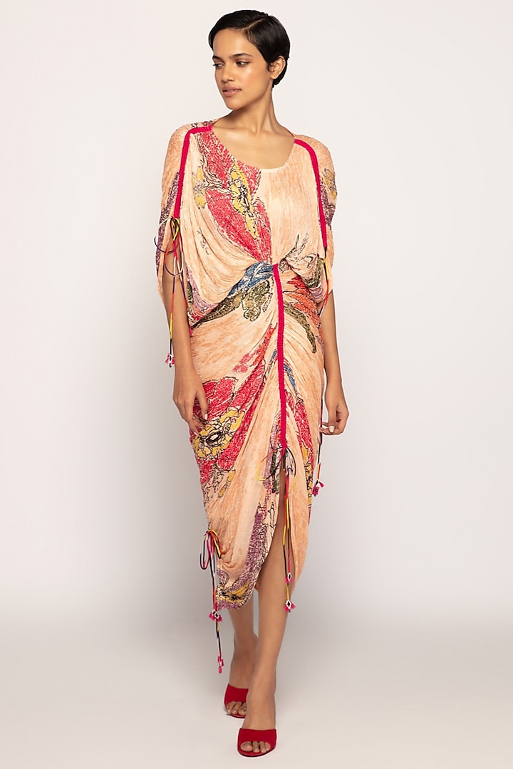 Peach Cotton Silk Bandhani Printed Maxi Dress by Saaksha & Kinni