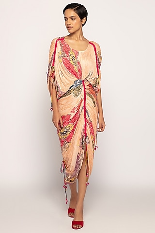 Peach Cotton Silk Bandhani Printed Maxi Dress by Saaksha & Kinni