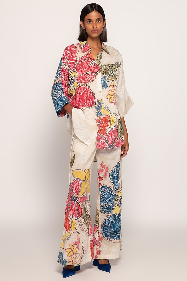Multi-Colored Cambric Cotton Periwinkle Bandhani Printed Batwing Shirt by Saaksha & Kinni