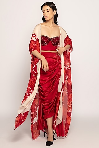 Red Chiffon Bandhani Printed Cape Set by Saaksha & Kinni