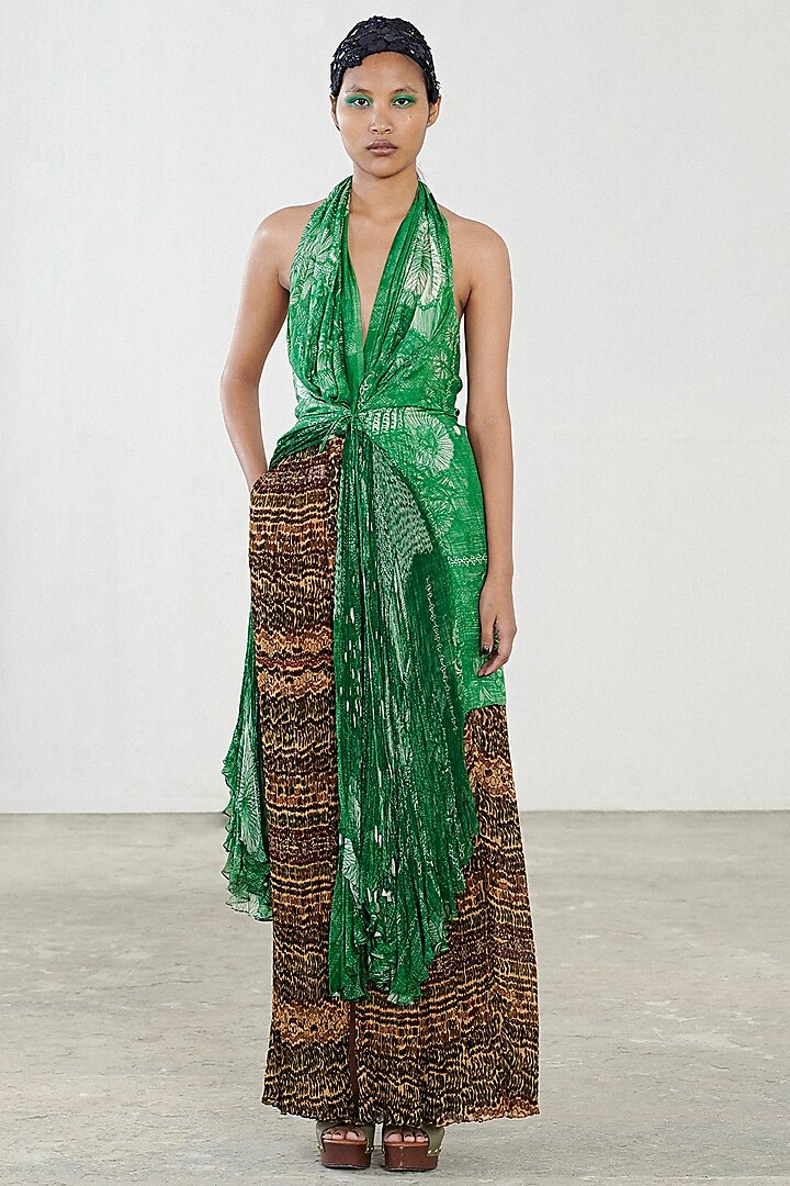 Green Printed Blouse With Skirt by Saaksha & Kinni