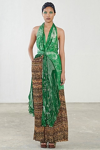 Green Printed Blouse With Skirt by Saaksha & Kinni