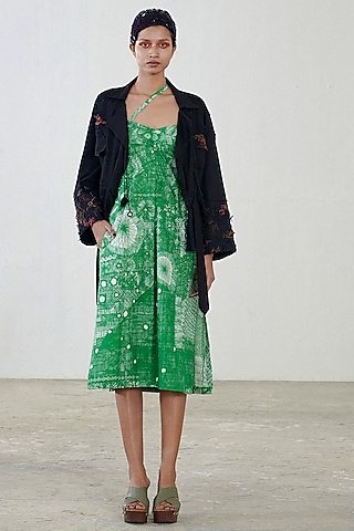 Green Printed Dress With Jacket by Saaksha & Kinni