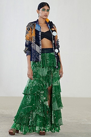 Black Embroidered Jacket With Skirt by Saaksha & Kinni