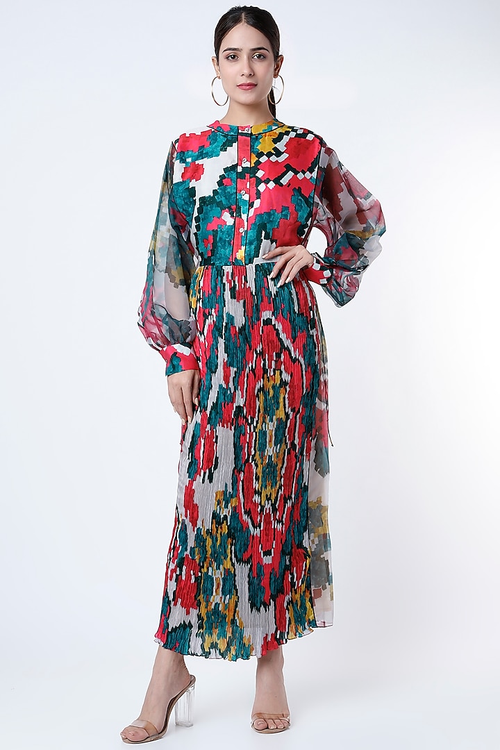 Multi Colored Printed Pleated Dress by Saaksha & Kinni