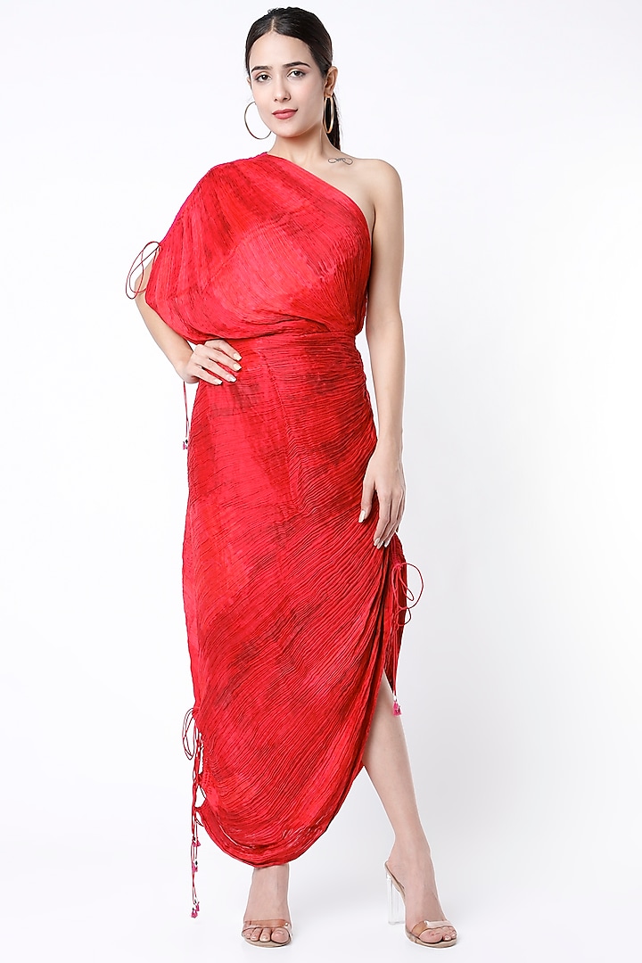 Cherry Red Printed Pleated Saree Dress by Saaksha & Kinni