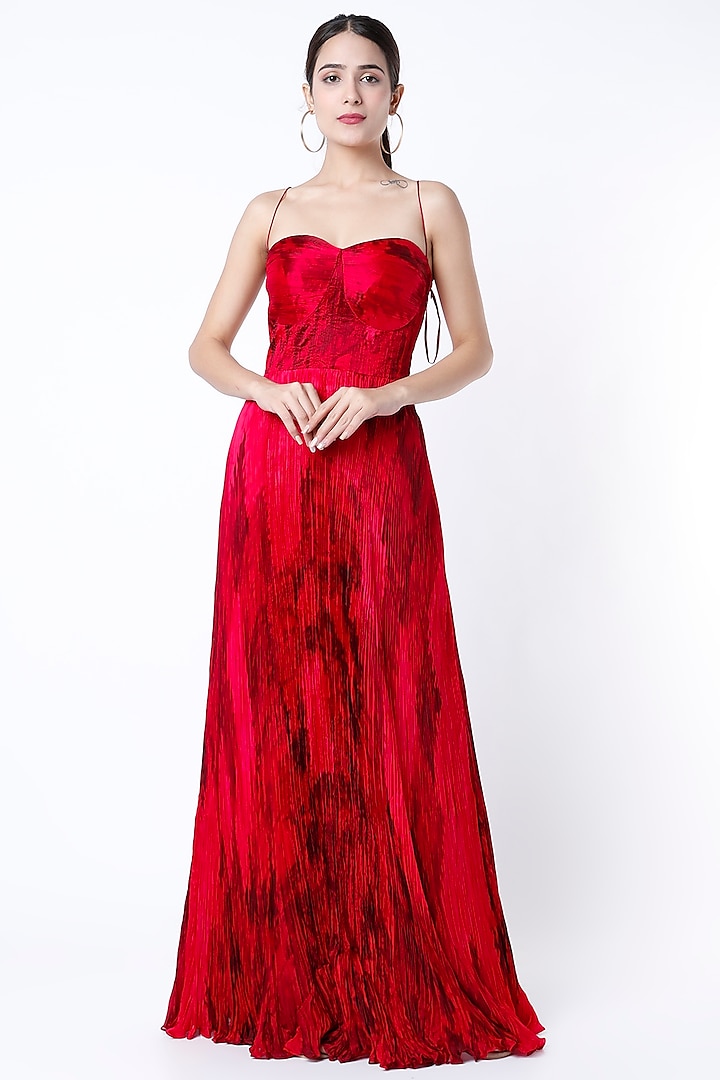 Red Printed Pleated Maxi Dress by Saaksha & Kinni