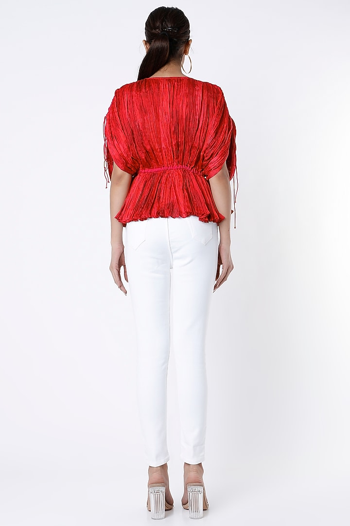 Red Printed Hand Pleated Kaftan Blouse by Saaksha & Kinni at Pernia's Pop Up Shop