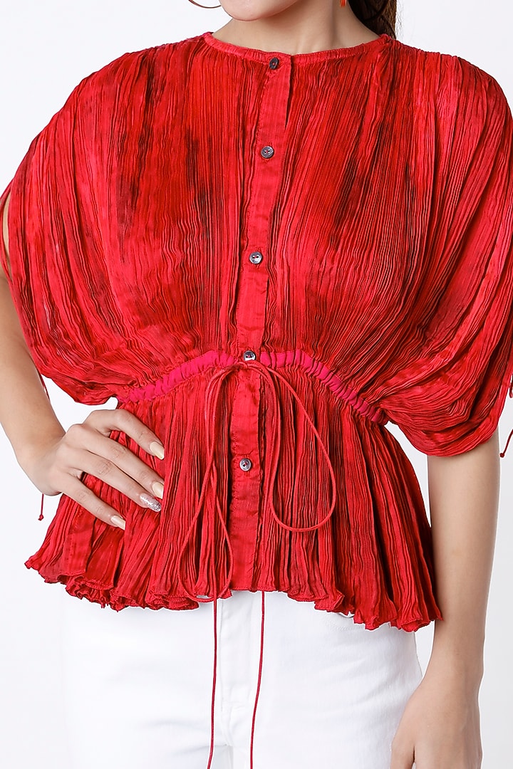 Red Printed Hand Pleated Kaftan Blouse by Saaksha & Kinni at Pernia's Pop Up Shop