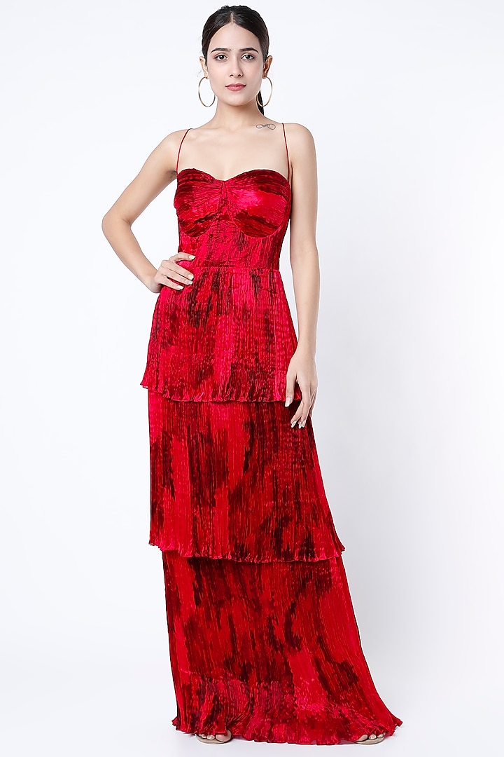 Red Printed Tiered Dress by Saaksha & Kinni