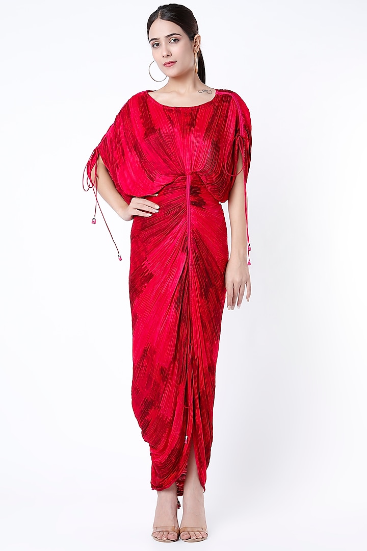 Red Printed Saree Dress by Saaksha & Kinni