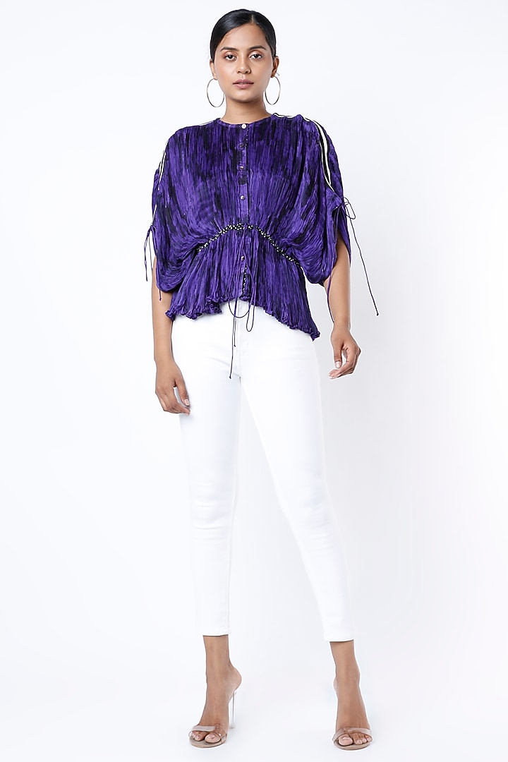 Clear Purple Printed Micro-Pleated Kaftan Top by Saaksha & Kinni at Pernia's Pop Up Shop