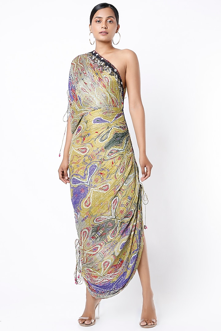 Lime Printed Micro-Pleated Saree Dress by Saaksha & Kinni