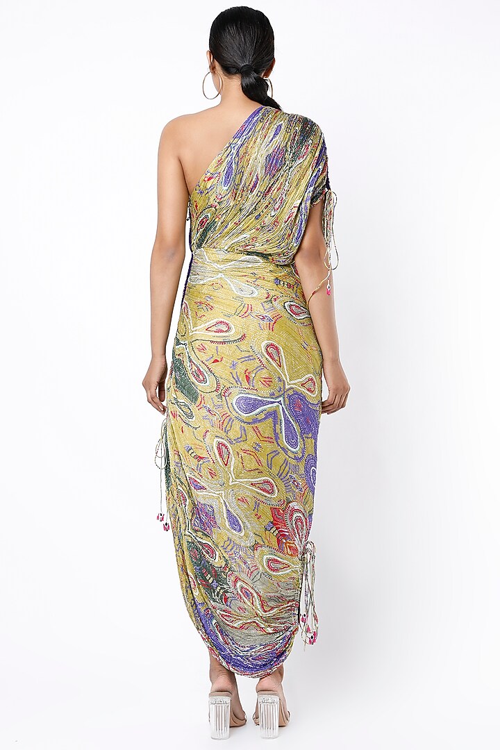 Lime Cotton Silk Swiggle Printed Micro-Pleated Saree Cocktail Dress by Saaksha & Kinni at Pernia's Pop Up Shop