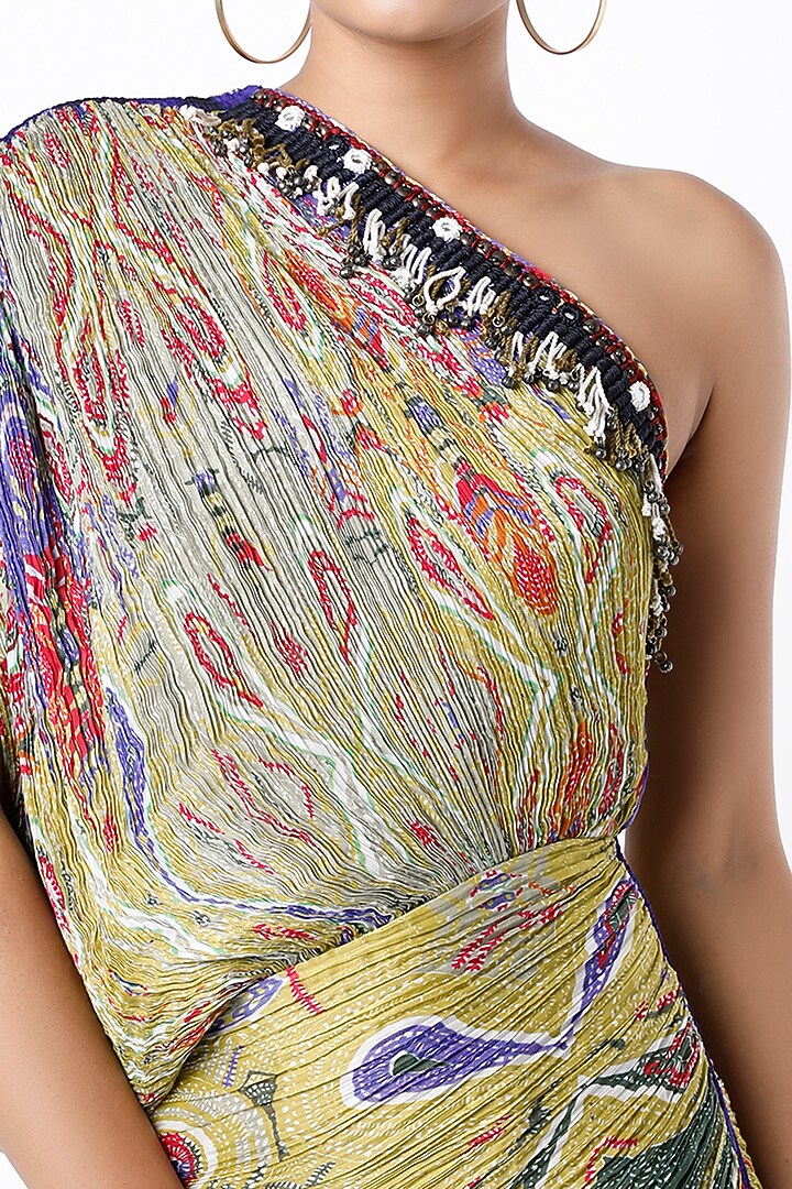 Lime Cotton Silk Swiggle Printed Micro-Pleated Saree Cocktail Dress by Saaksha & Kinni at Pernia's Pop Up Shop