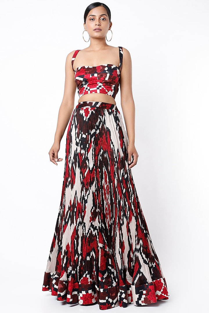 Cadmium Red Printed Bustier by Saaksha & Kinni