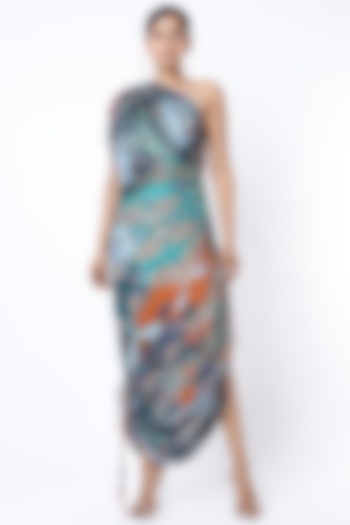 Multi-Colored Micro-Pleated Saree Dress With Print by Saaksha & Kinni