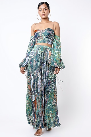Cobalt Blue Printed Micro-Pleated Bustier by Saaksha & Kinni